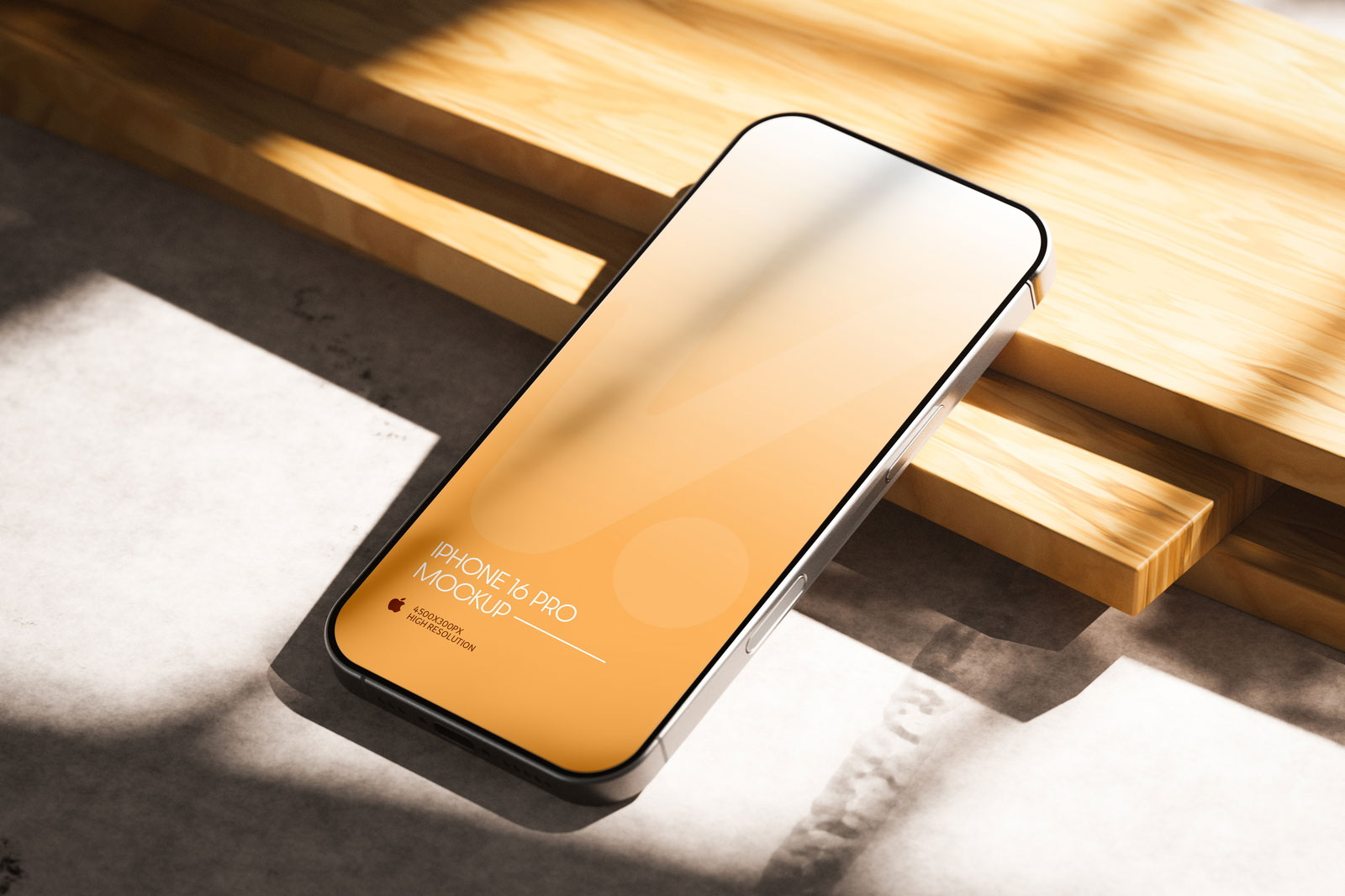 Free iPhone 16 Pro Mockup on Wood PSD Template