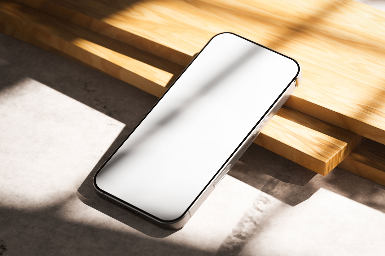 Free iPhone 16 Pro Mockup on Wood PSD Template