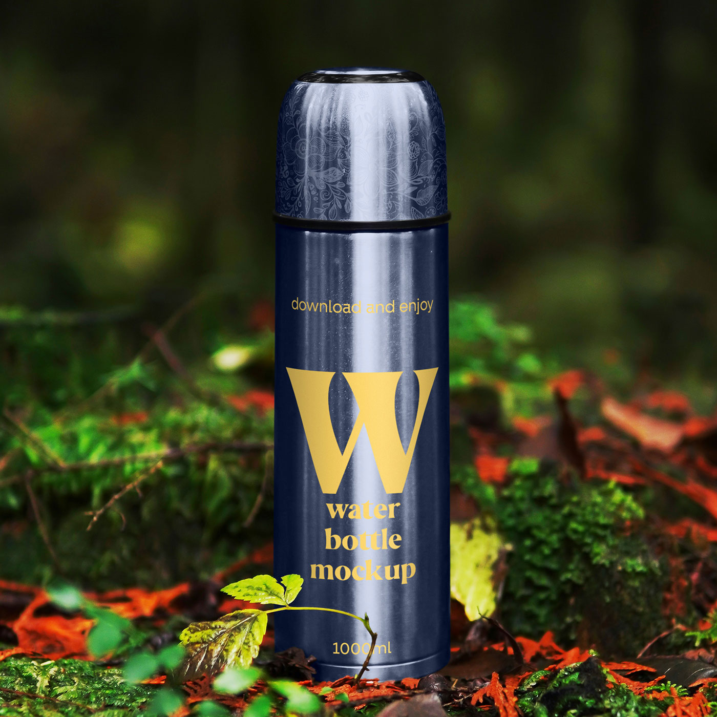 Free Thermos Bottle in Forest Mockup PSD Template