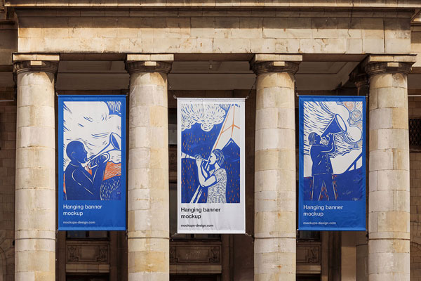 Free Three Hanging Banners Mockup PSD Template