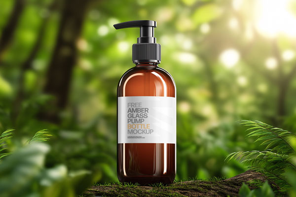 Free Amber Glass Pump Bottle Mockup Eco Scene PSD Template