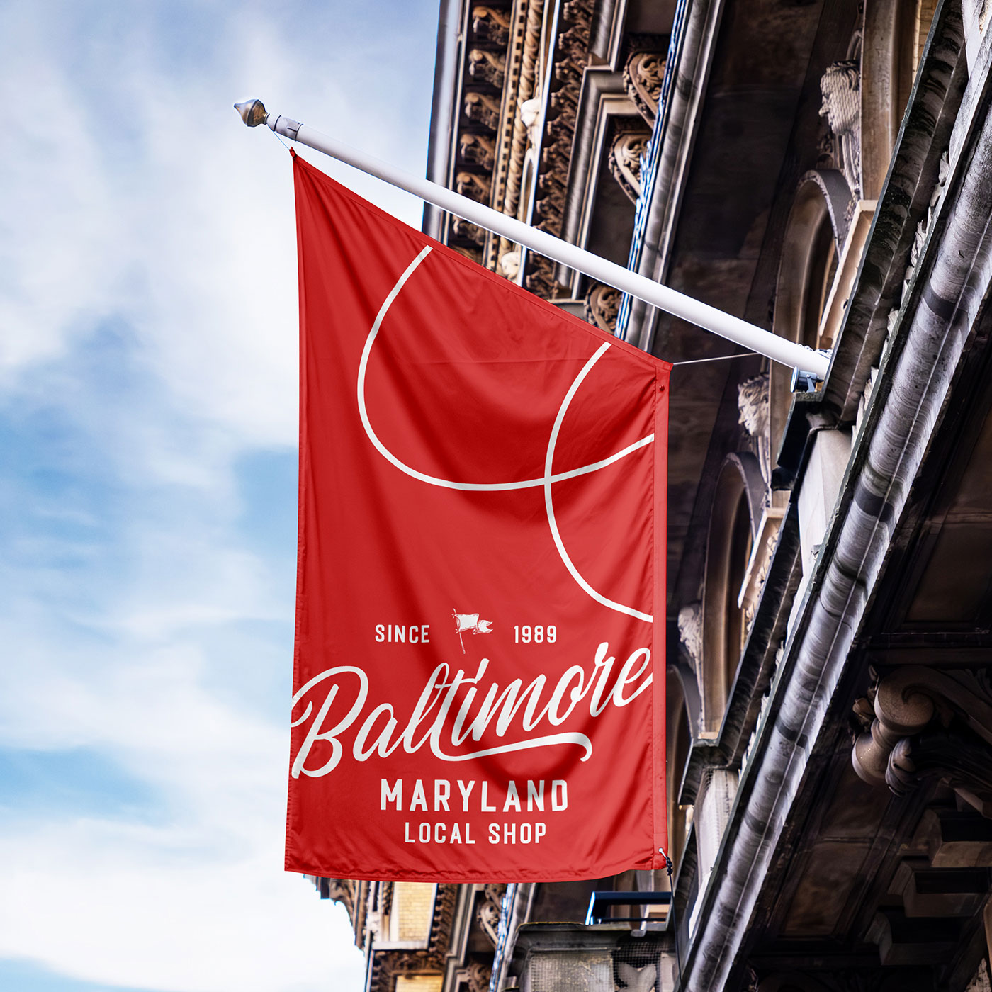 Free Flag on Old Building Mockup PSD Template