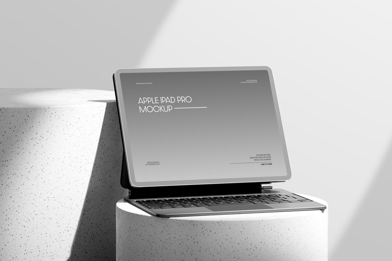 Free iPad Pro with Magic Keyboard Mockup on Podium PSD Template