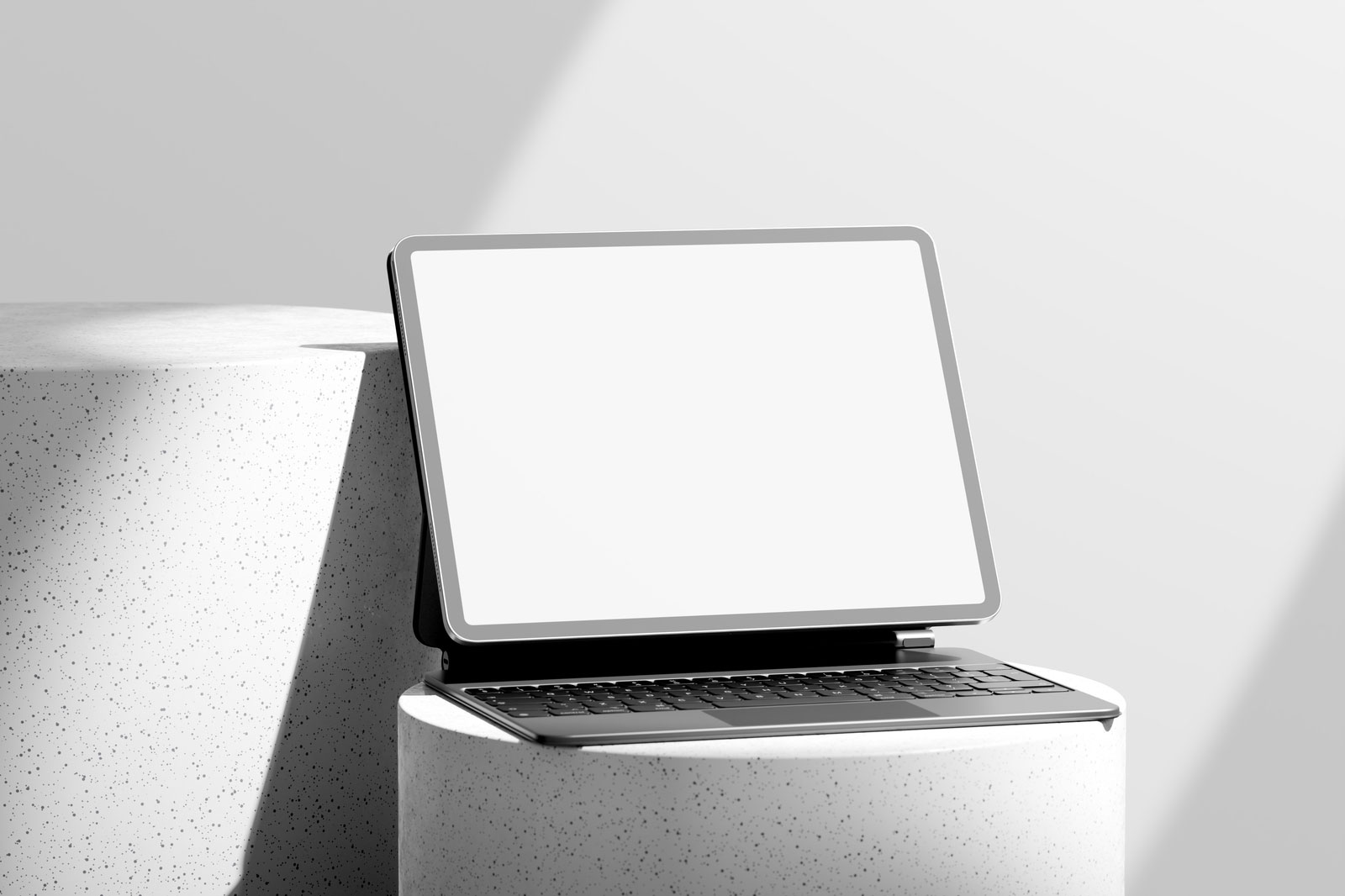 Free iPad Pro with Magic Keyboard Mockup on Podium PSD Template