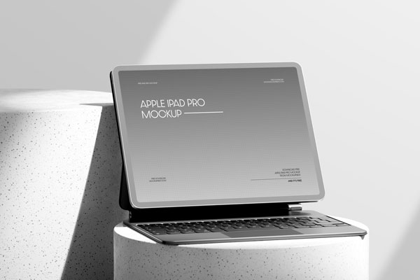 Free iPad Pro with Magic Keyboard Mockup on Podium PSD Template