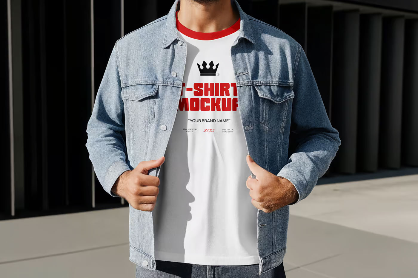 Free Men in Denim Jacket Wearing T-Shirt Mockup PSD Template