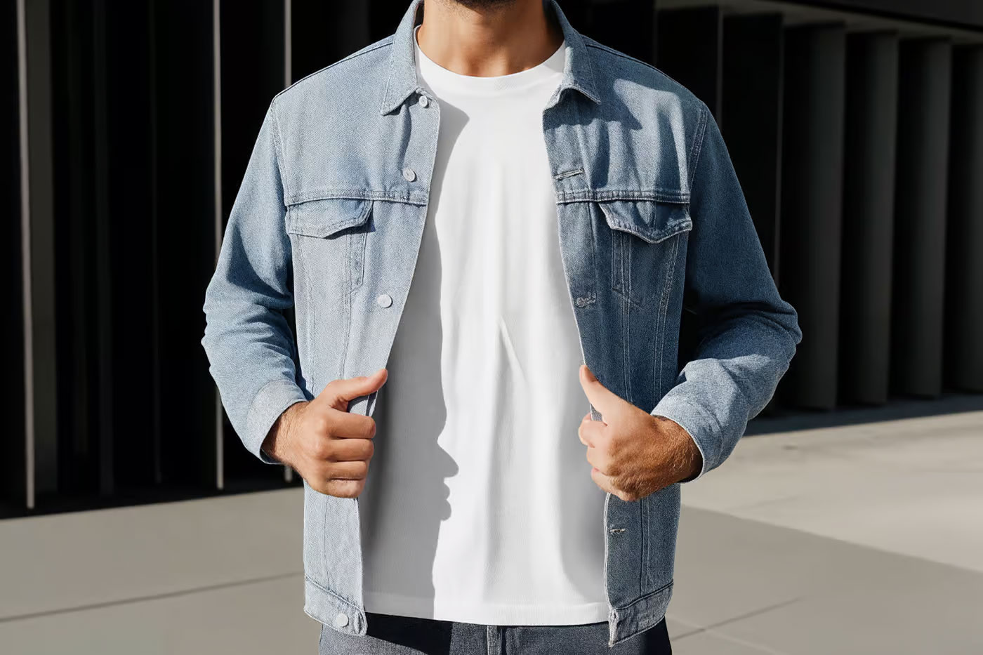 Free Men in Denim Jacket Wearing T-Shirt Mockup PSD Template