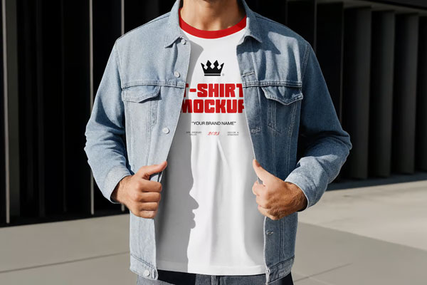 Free Men in Denim Jacket Wearing T-Shirt Mockup PSD Template