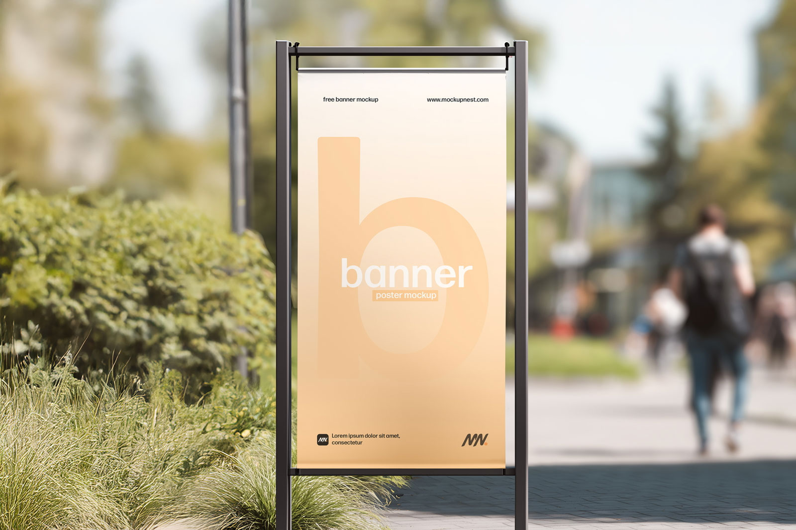 Free Street Hanging Banner Mockup on Modern Outdoor Walkway PSD Template