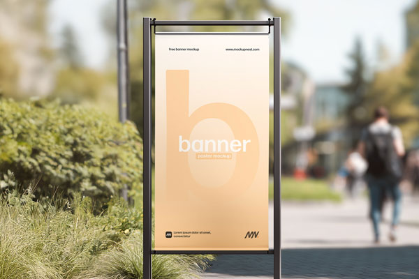 Free Street Hanging Banner Mockup on Modern Outdoor Walkway PSD Template