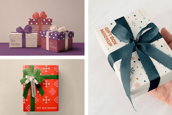 Free Xmas Box with Ribbon Mockups PSD Template