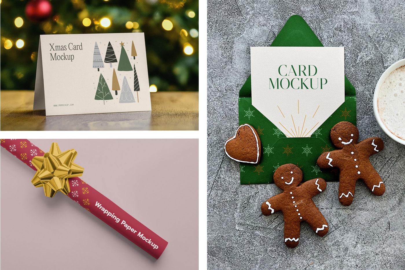 Free Xmas Card and Wrapping Paper Mockups PSD Template
