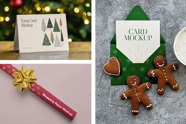 Free Xmas Card and Wrapping Paper Mockups PSD Template