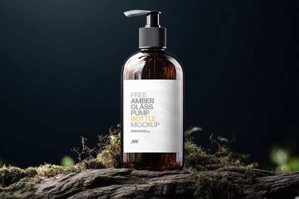 Free Amber Glass Pump Bottle Mockup PSD Template