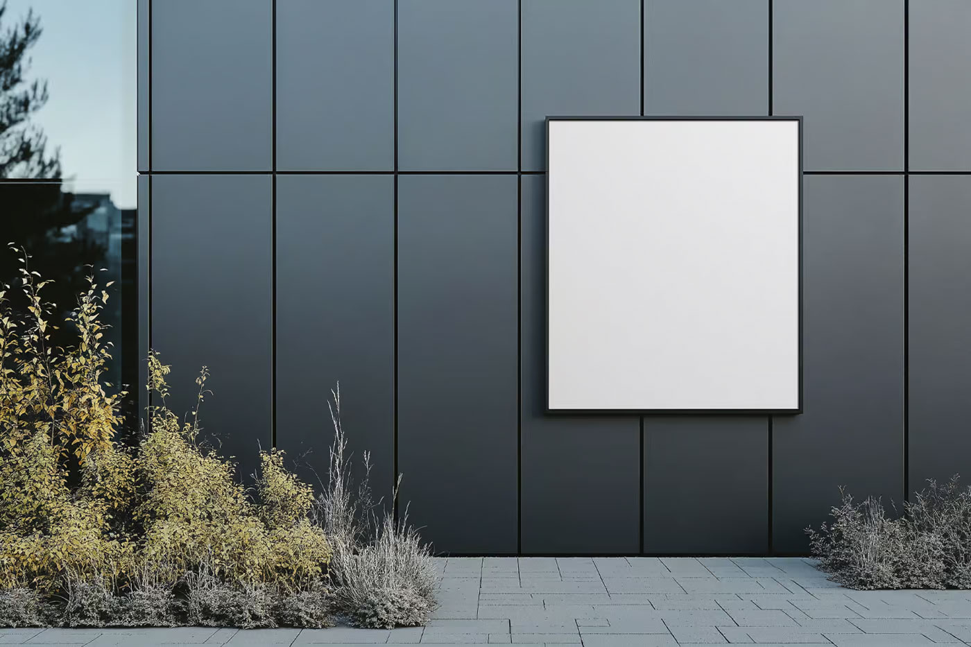 Free Billboard on Modern Dark Building Mockup PSD Template