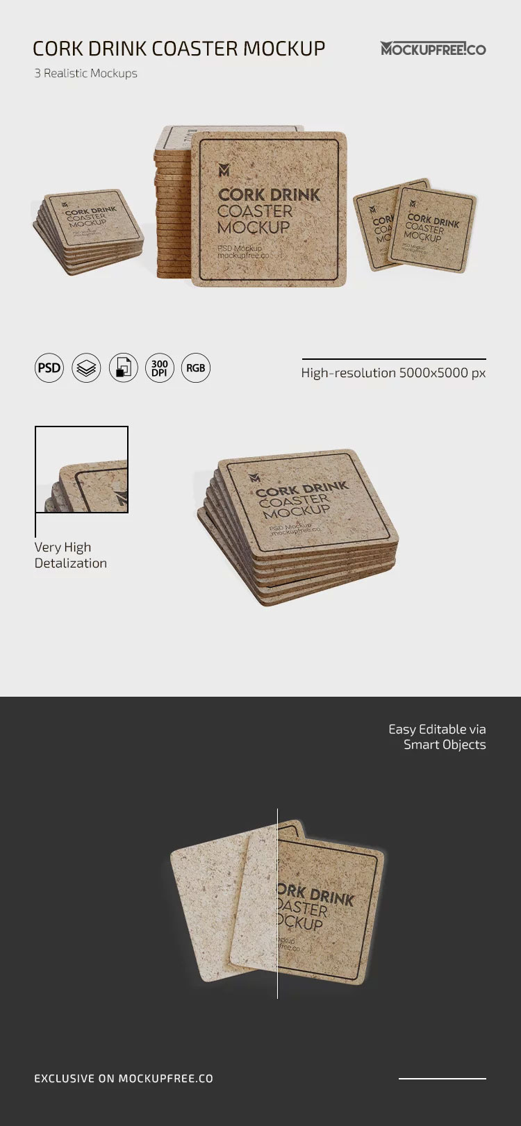 Free Cork Drink Coaster Mockups PSD Template