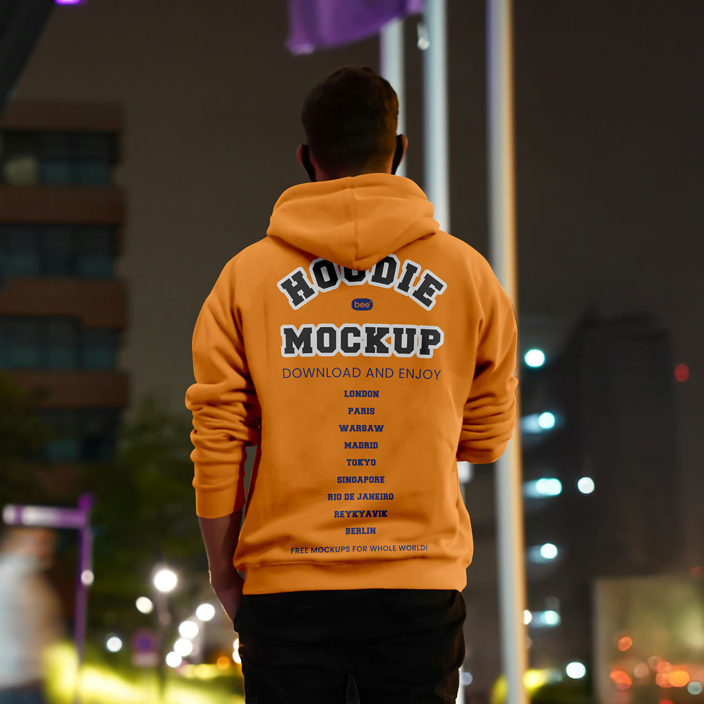 Free Hoodie in Night City Mockup PSD Template