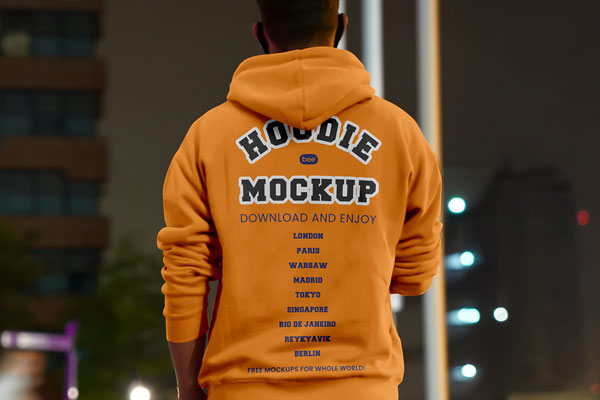 Free Hoodie in Night City Mockup PSD Template
