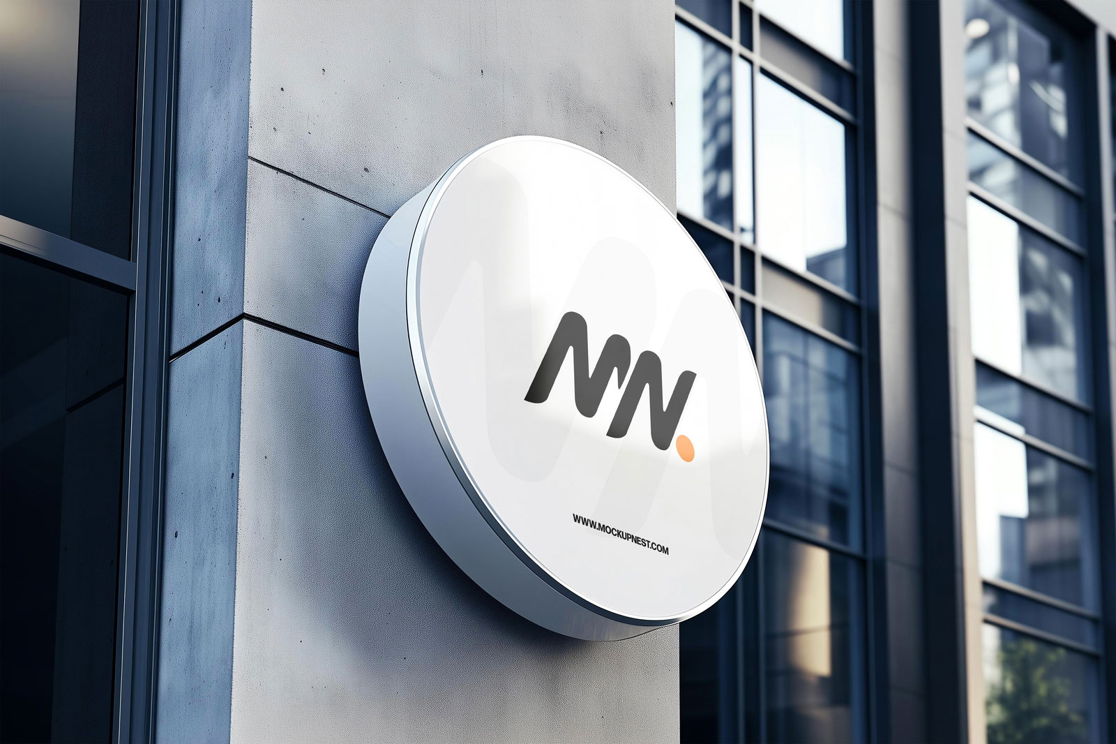 Free Round Signboard Mockup on Building Wall PSD Template