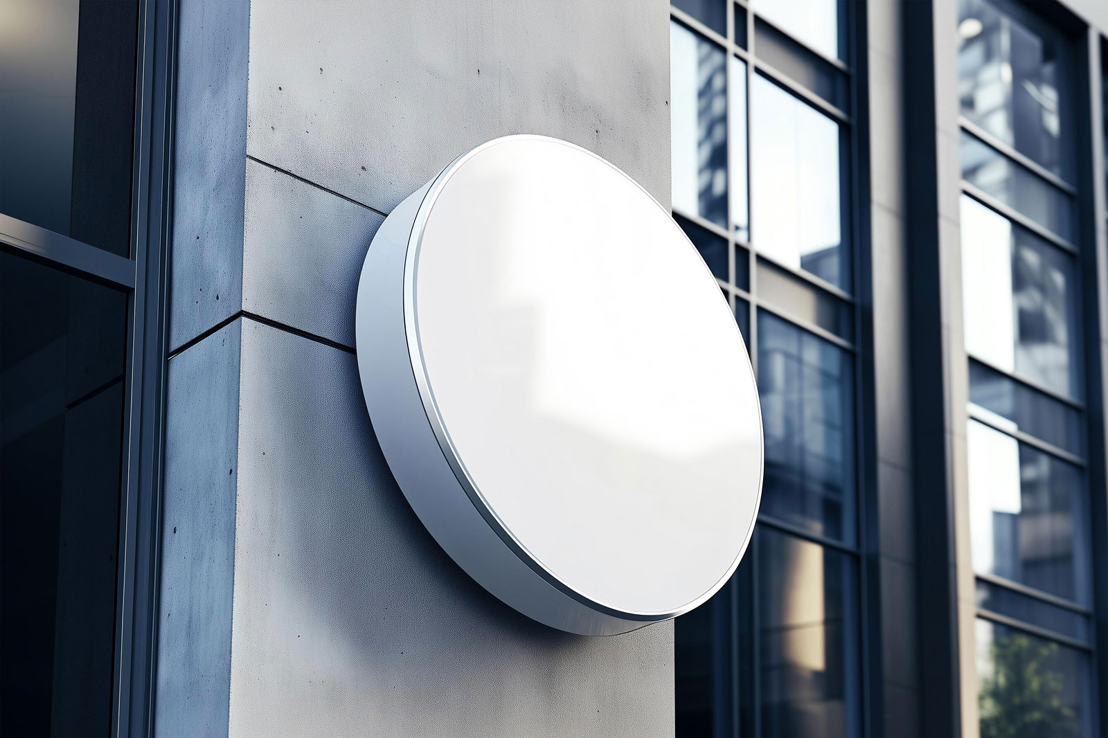 Free Round Signboard Mockup on Building Wall PSD Template