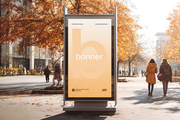 Free Street Billboard Mockup in Autumn City Park PSD Template