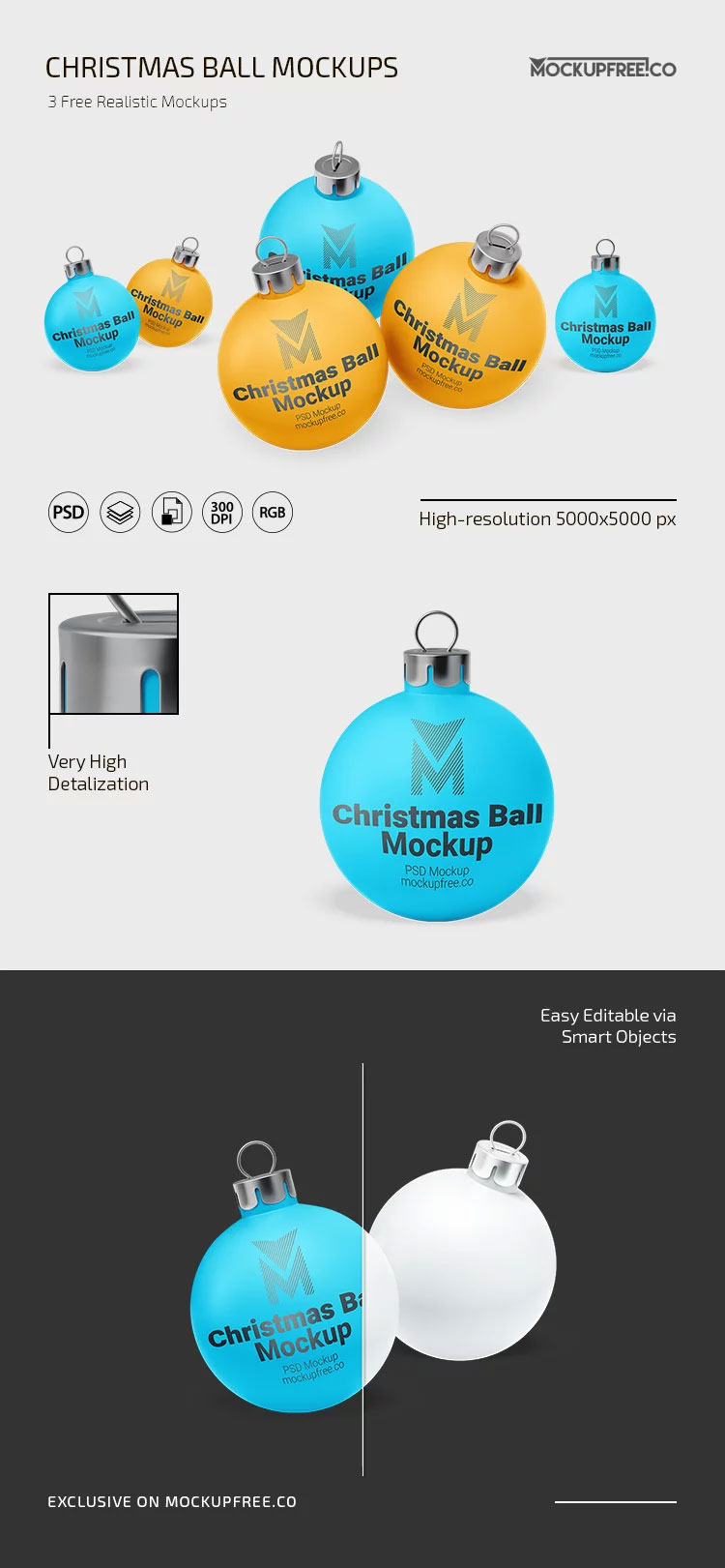 Free Three Christmas Ball Mockups PSD Template