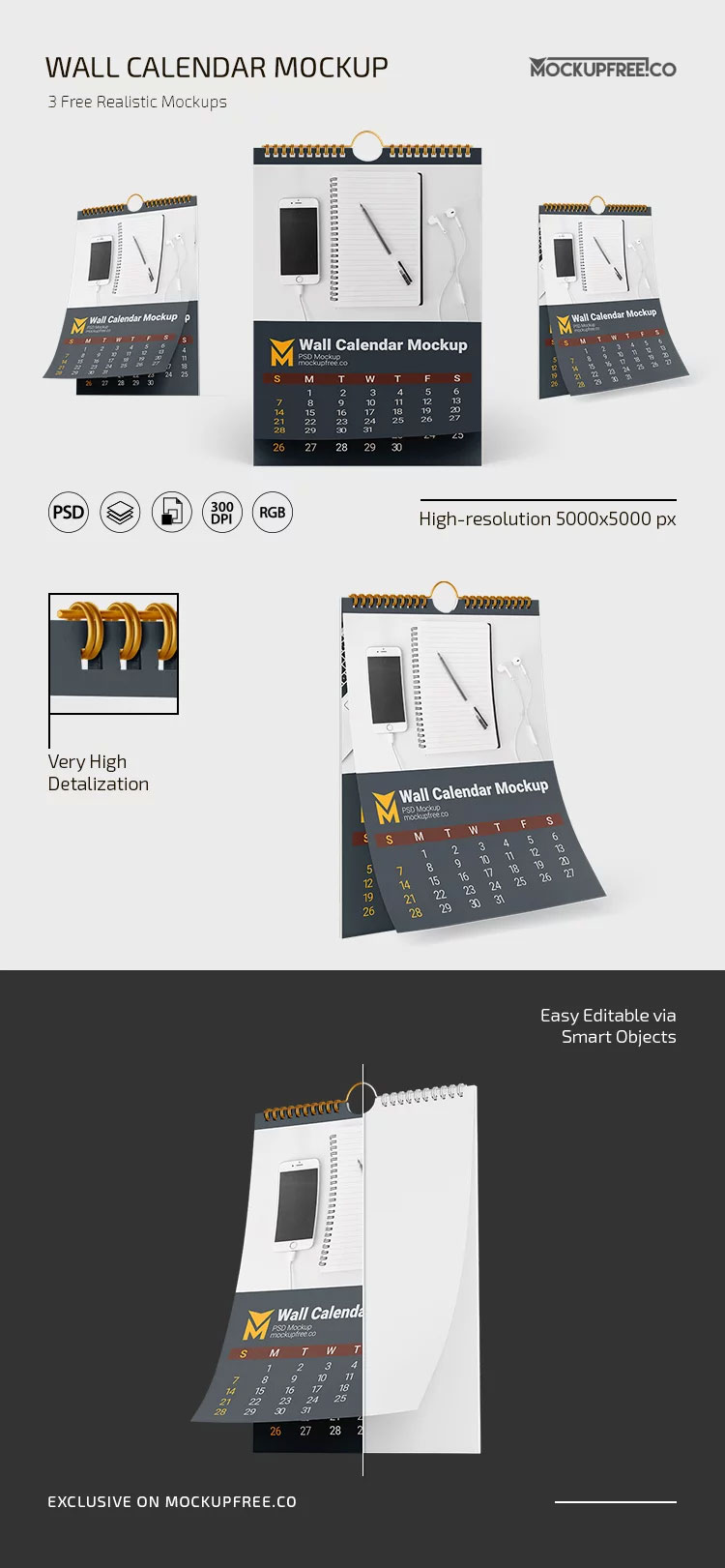 Free Wall Calendar Mockup PSD Template