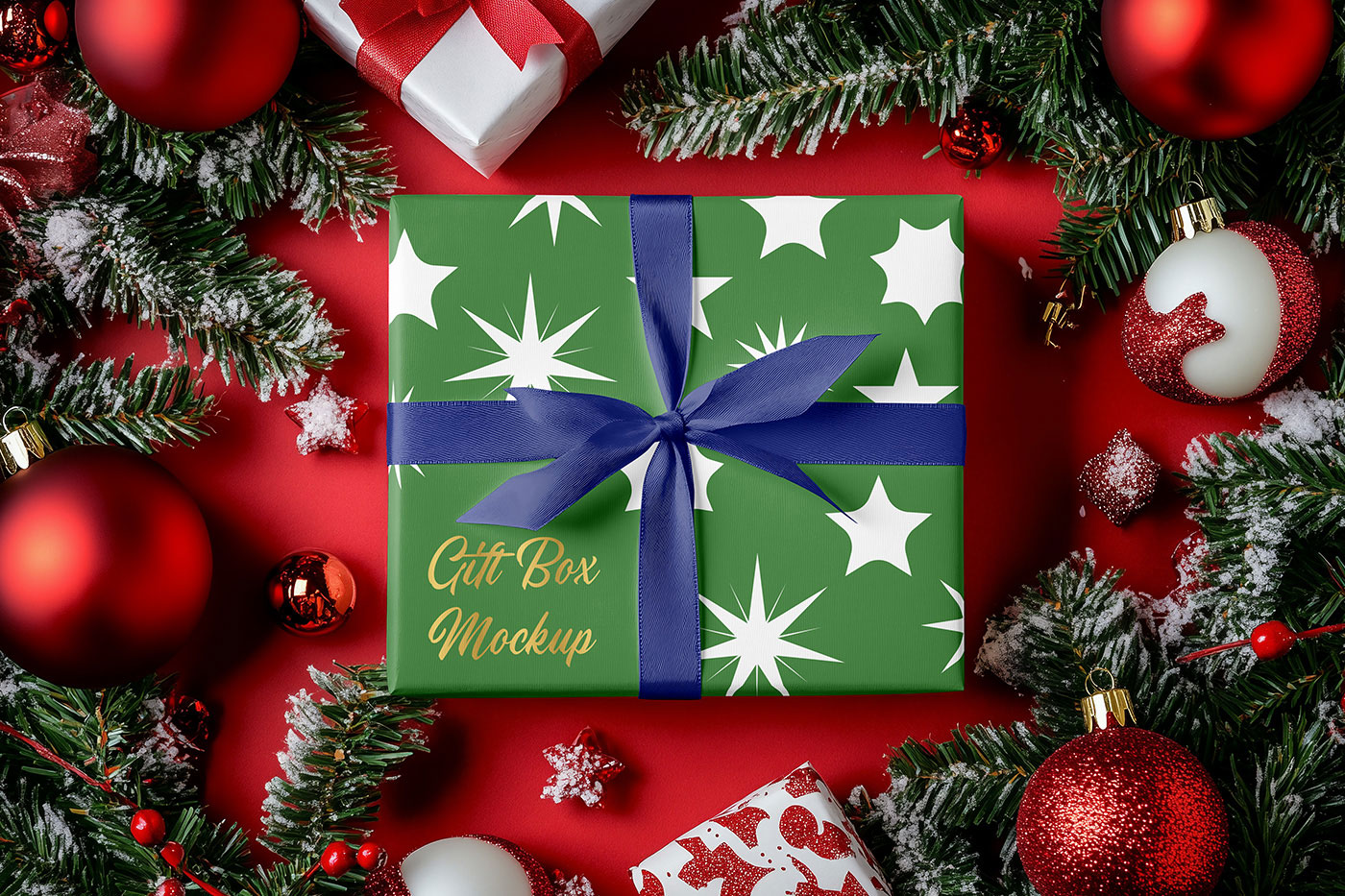 Free Wrapped Christmas Gift Box Mockup PSD Template