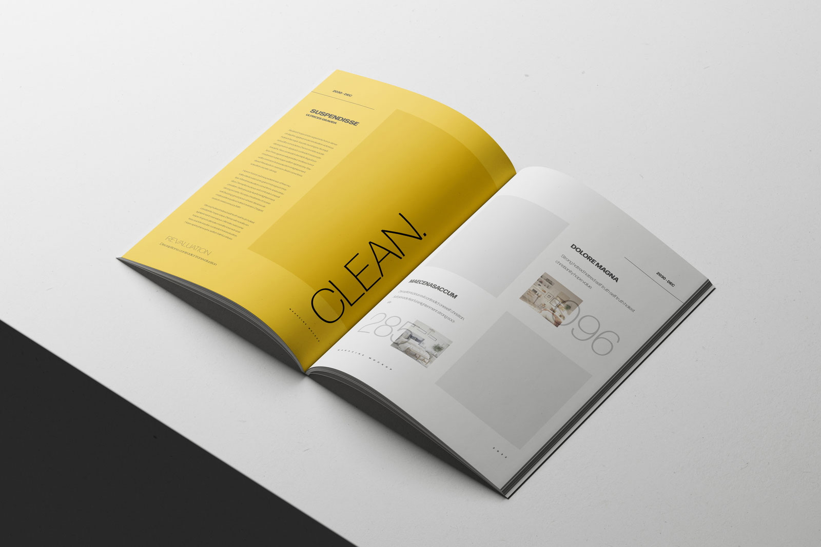 Free A4 Magazine Mockup Open on Minimal White Surface PSD Template