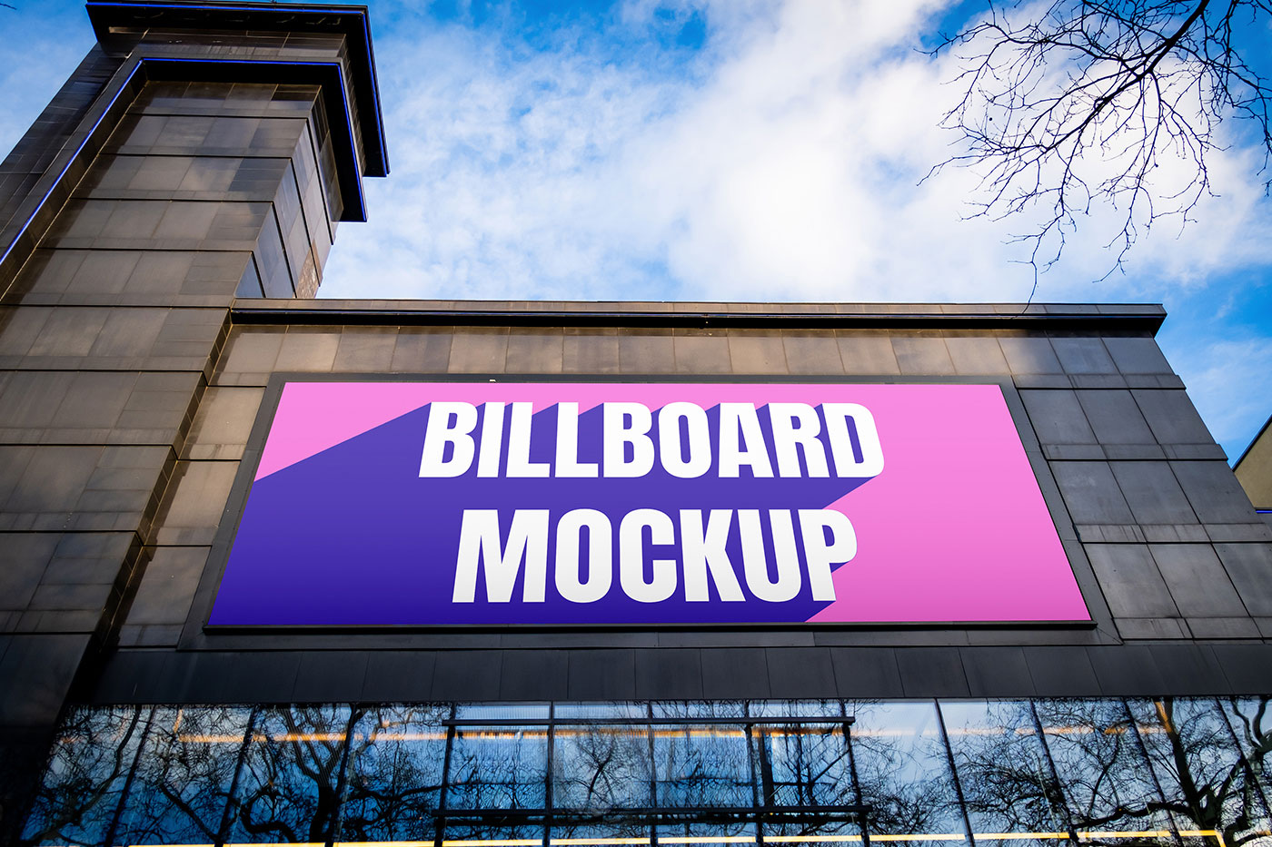 Free Billboard on Black Building Mockup PSD Template