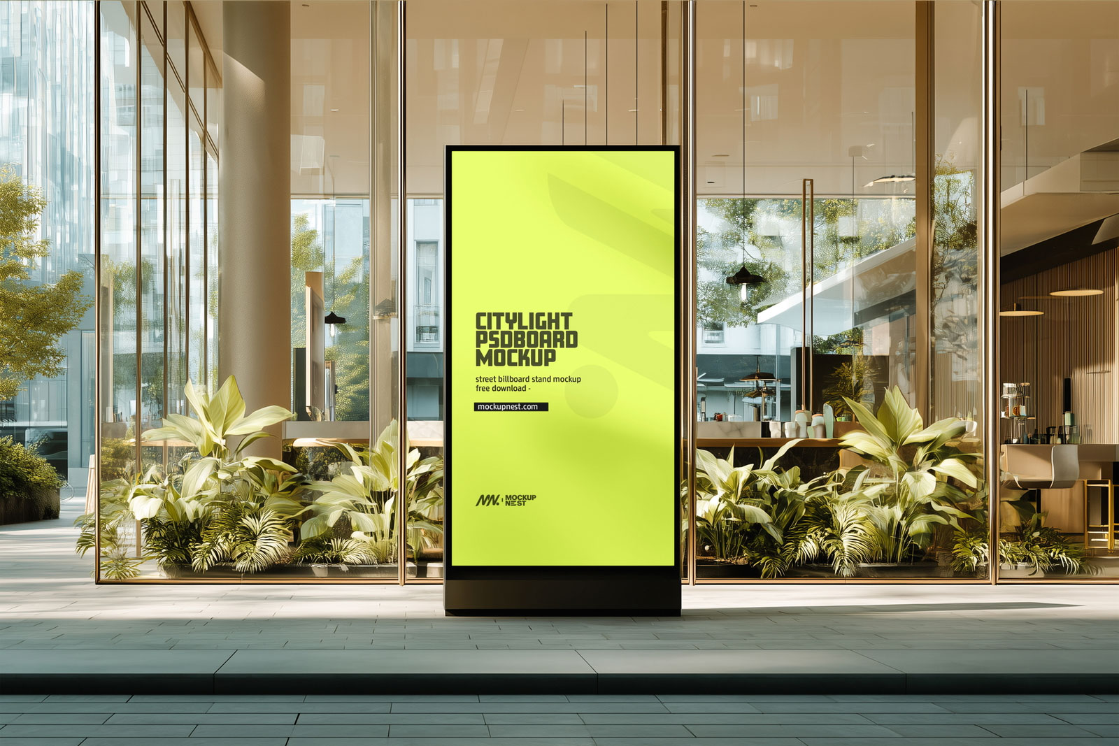 Free Citylight Mockup in Modern Glass Building PSD Template
