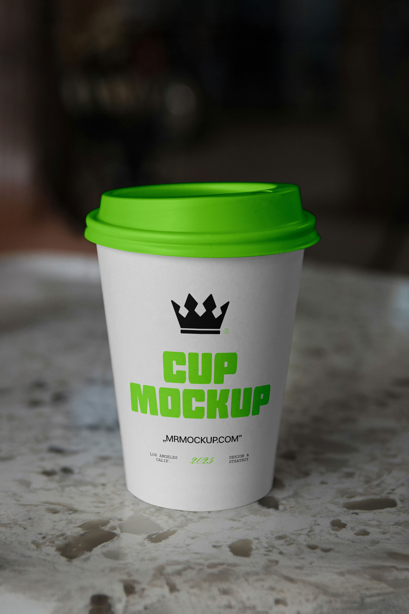 Free Coffee Cup on Countertop Mockup PSD Template