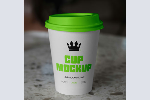 Free Coffee Cup on Countertop Mockup PSD Template