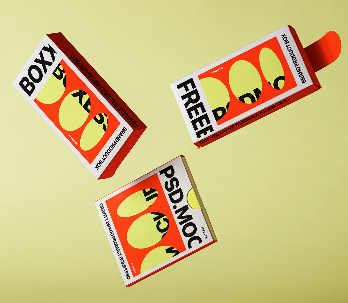 Free Gravity Product Boxes Branding Mockup PSD Template