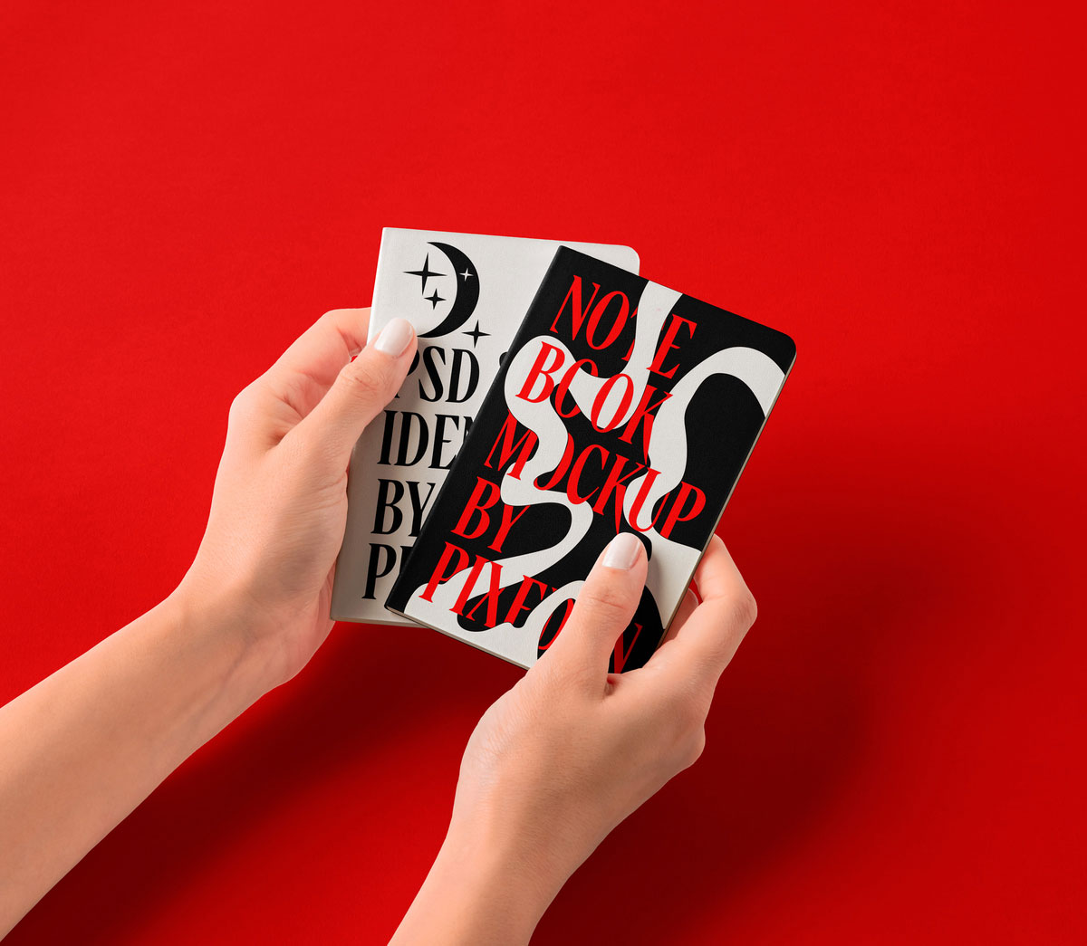 Free Hands Holding Pocket Classic Notebooks Mockup PSD Template