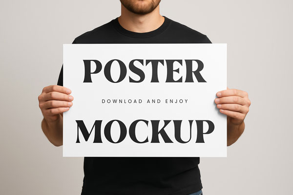 Free Horizontal Poster in Hands Mockup PSD Template
