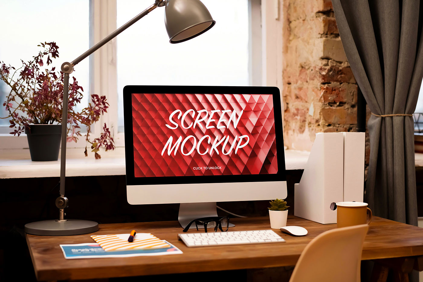 Free iMac on Wooden Desk Mockup PSD Template