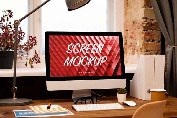 Free iMac on Wooden Desk Mockup PSD Template