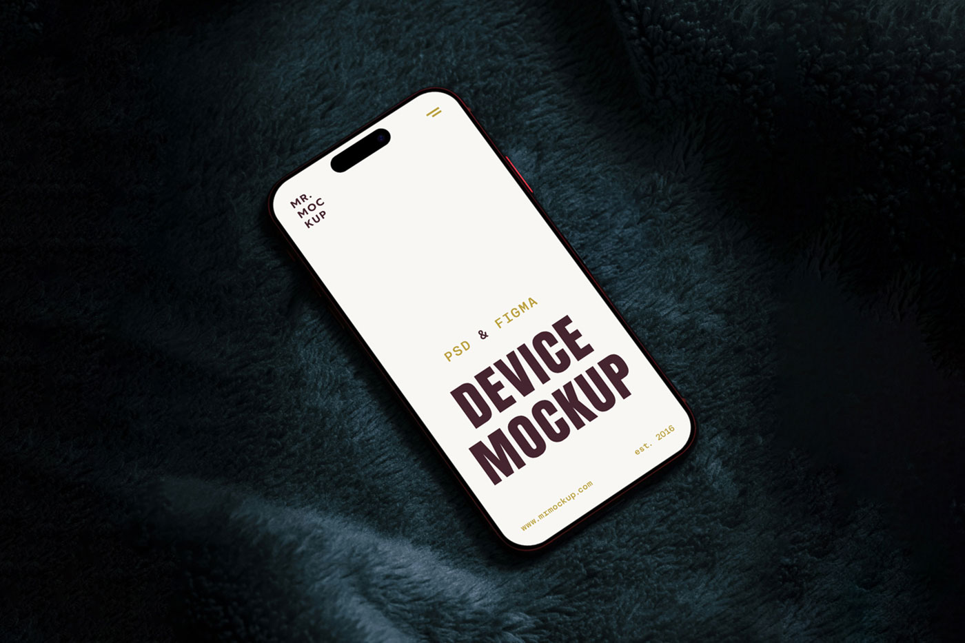 Free iPhone 16 Pro Laying on Sofa Mockup PSD Template