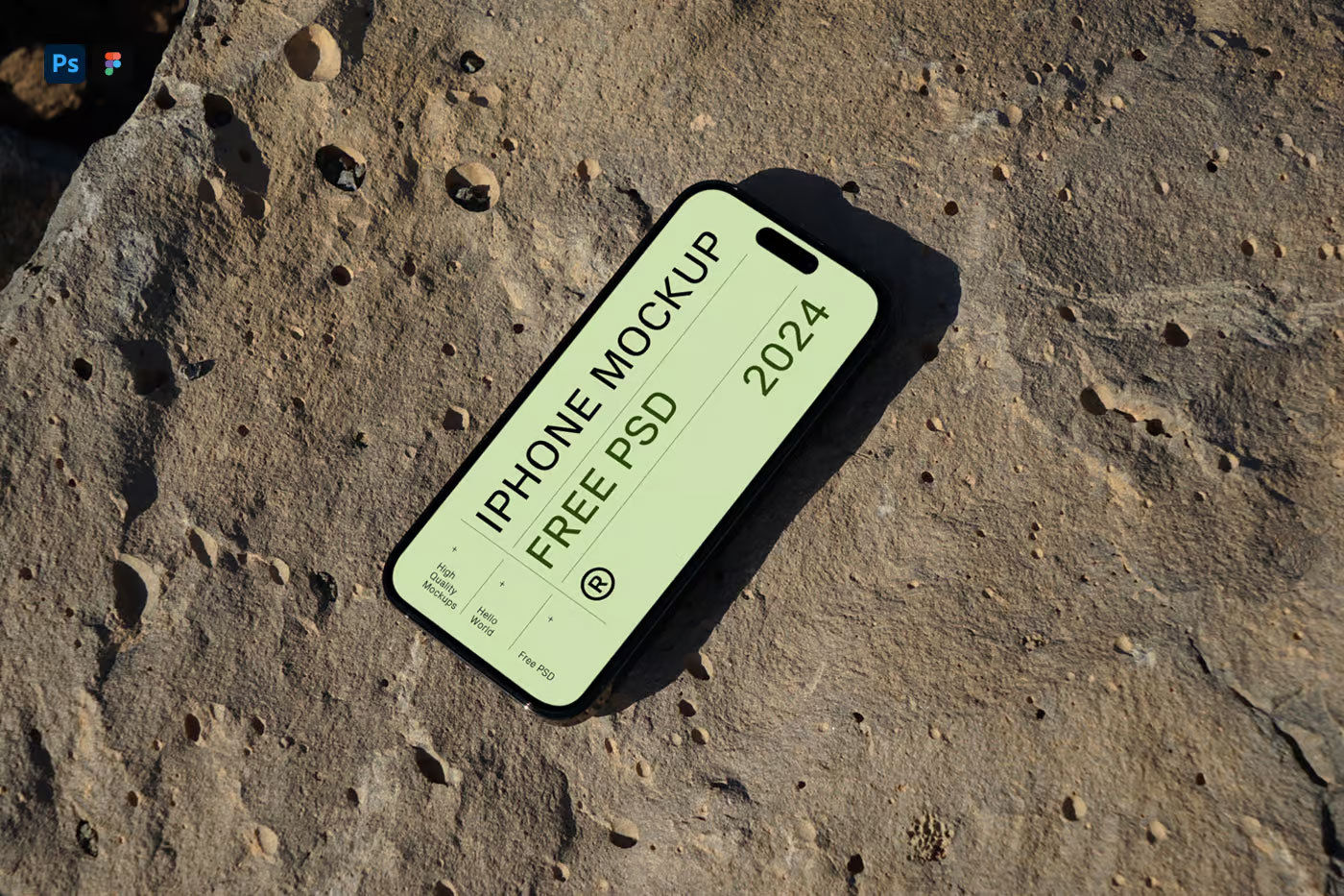 Free iPhone Pro on Rock Mockup PSD Template