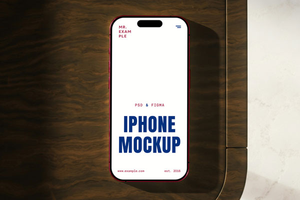 Free iPhone Pro on Wooden Mockup PSD Template