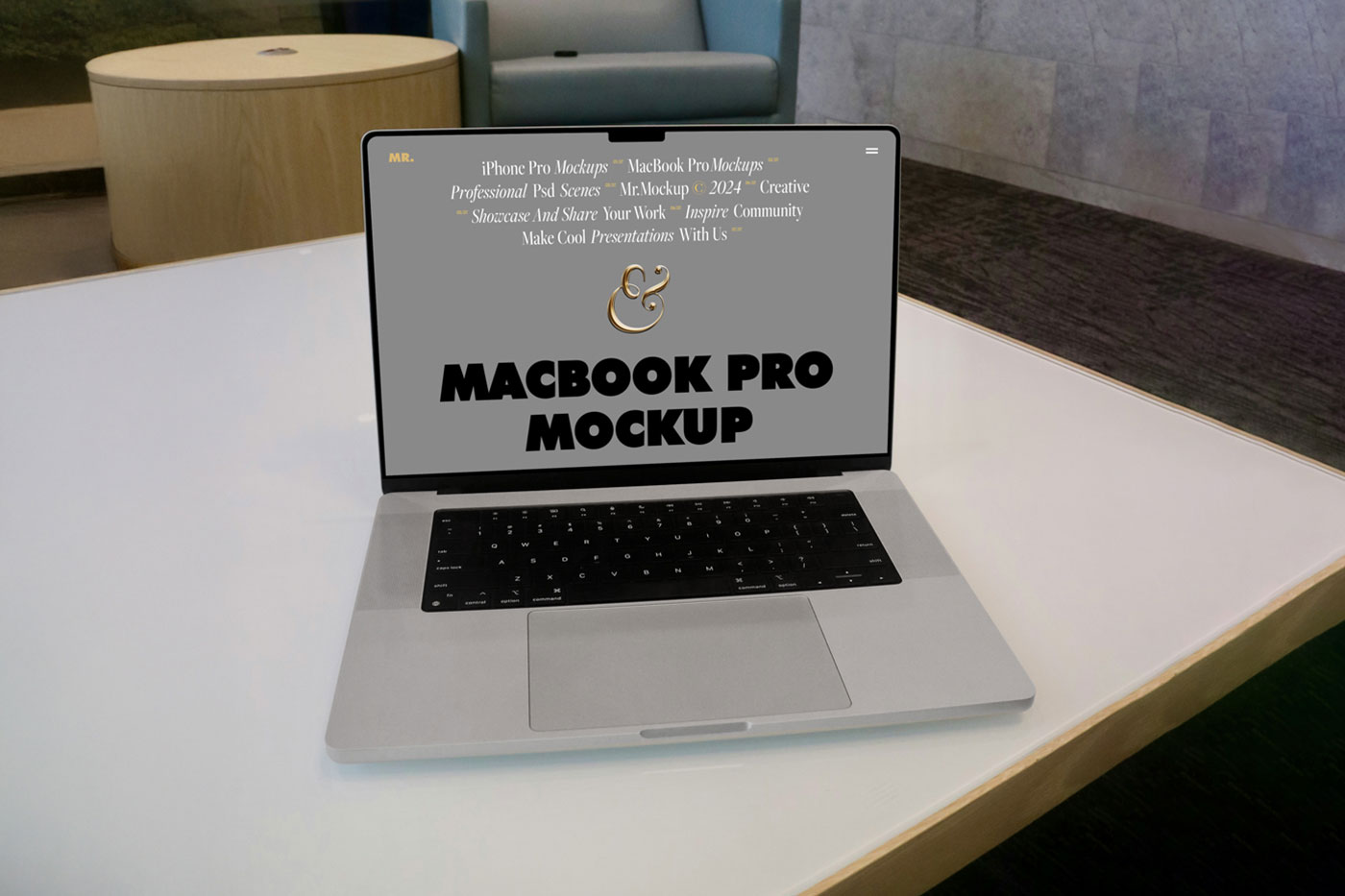 Free MacBook Pro in Office Mockup PSD Template