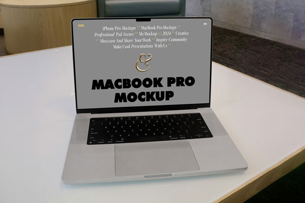 Free MacBook Pro in Office Mockup PSD Template