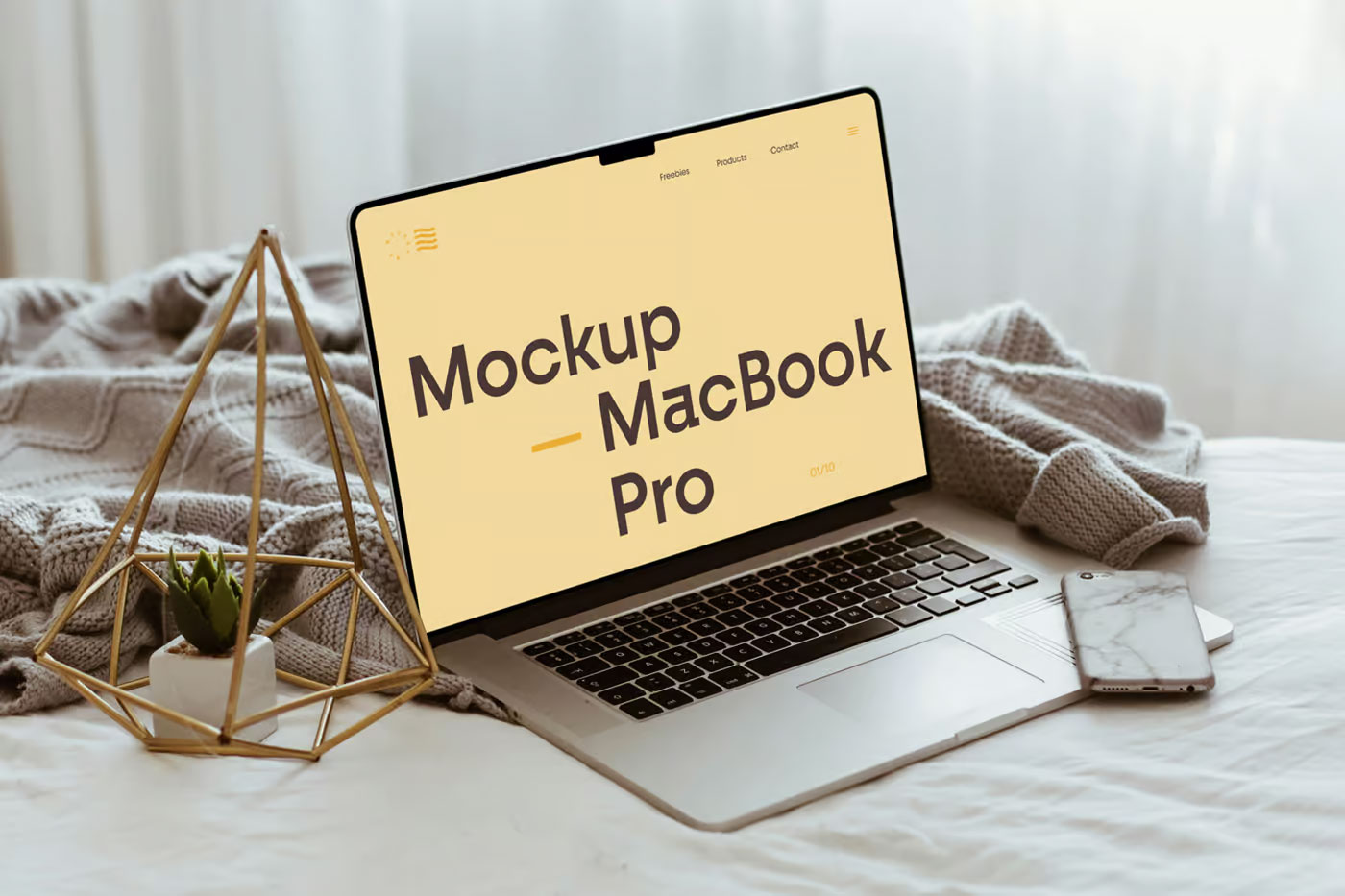 Free MacBook Pro Lying on Bed Mockup PSD Template