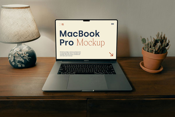 Free MacBook Pro on the Wooden Dresser Mockup PSD Template