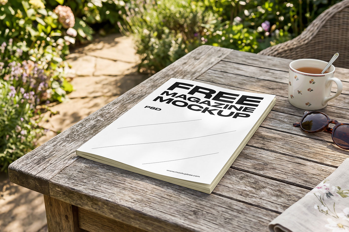 Free Magazine on Garden Table Mockup PSD Template