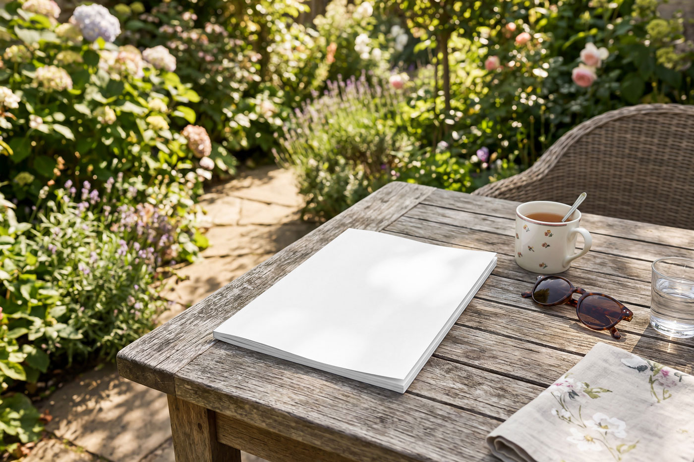 Free Magazine on Garden Table Mockup PSD Template