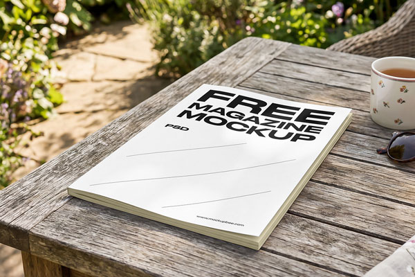 Free Magazine on Garden Table Mockup PSD Template