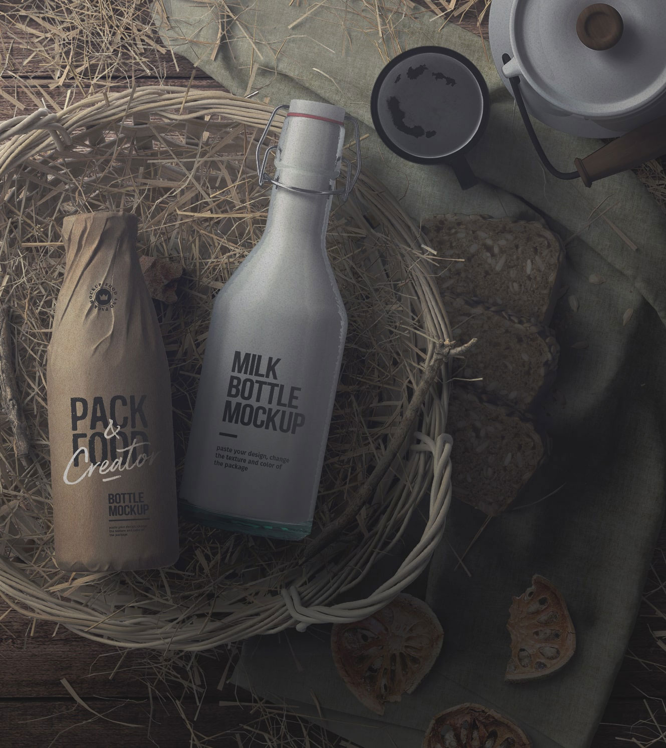 Free Milk Bottles in a Basket with Hay Mockup PSD Template