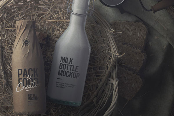 Free Milk Bottles in a Basket with Hay Mockup PSD Template